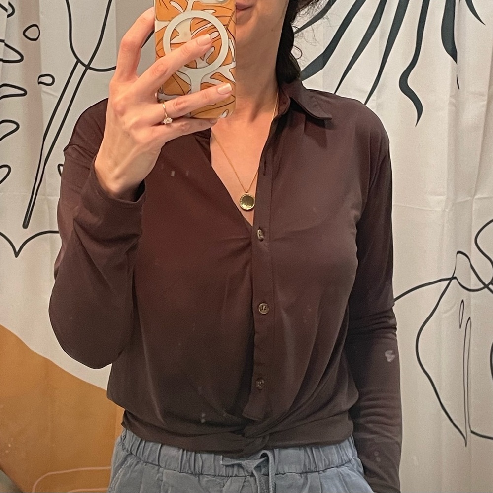 Moa moa brown knot tie long sleeve button down collared blouse